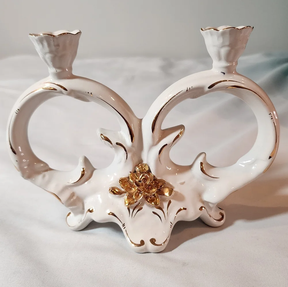 Portugal Porcelain Double Candle Holder with Gold Trim Gold Flower Accent